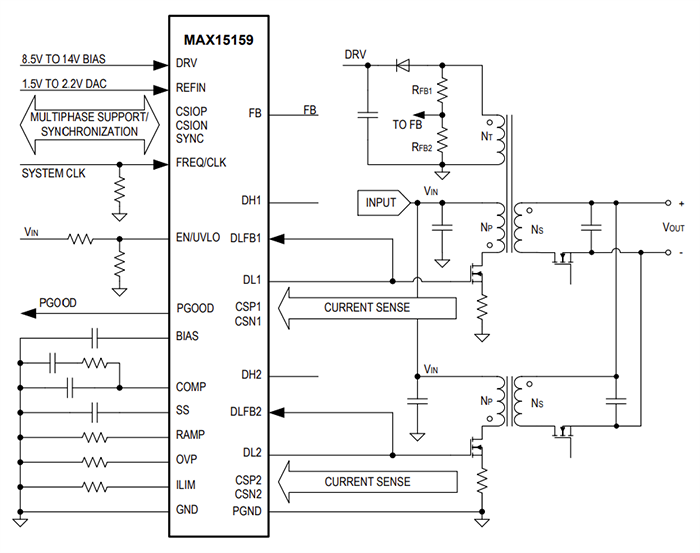Application Circuit Diagram - Analog Devices Inc. MAX15159 Multiphase Boost/Flyback Controllers